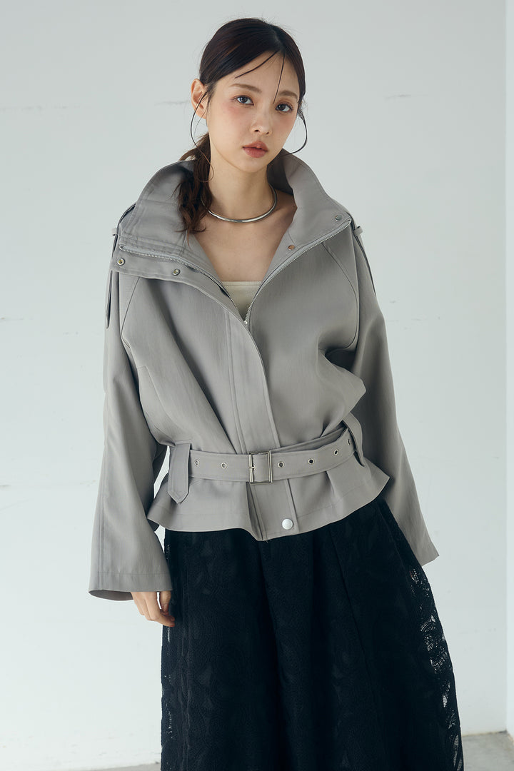 [SET]ベルト付きスタンドネックアウター+ツイルタックハーフパンツ(2set)