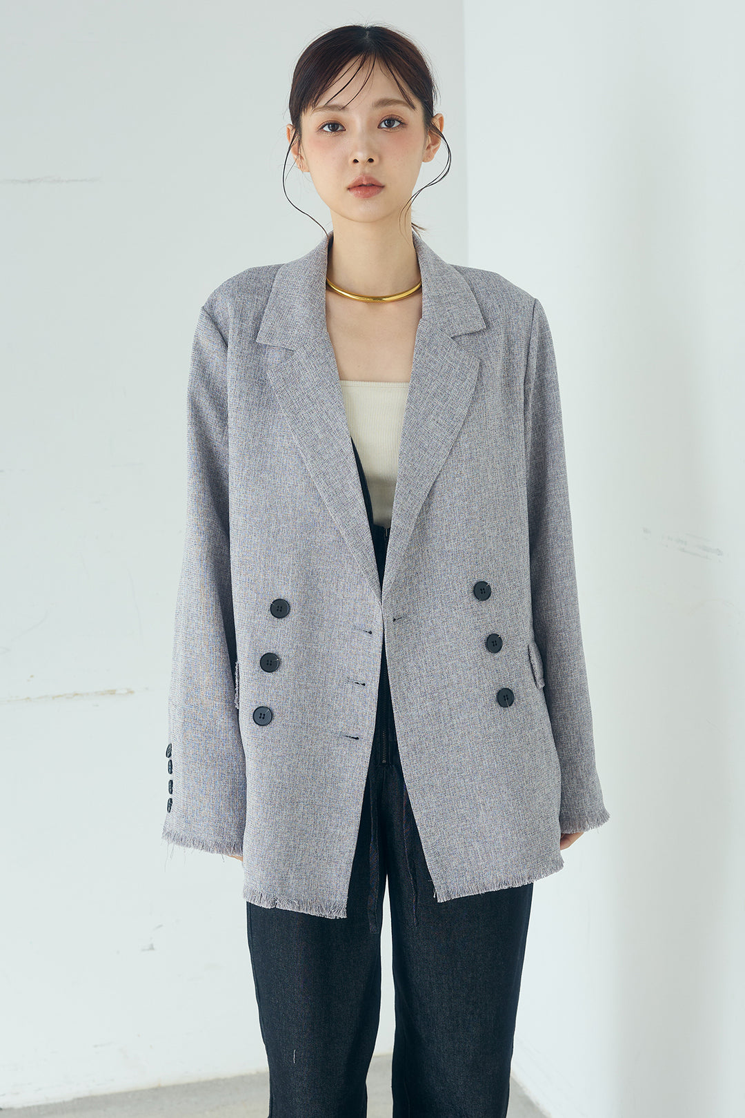 [SET]スラブネップツイードフリンジテーラードジャケット+デニムペプラムコンビネゾン(2set)