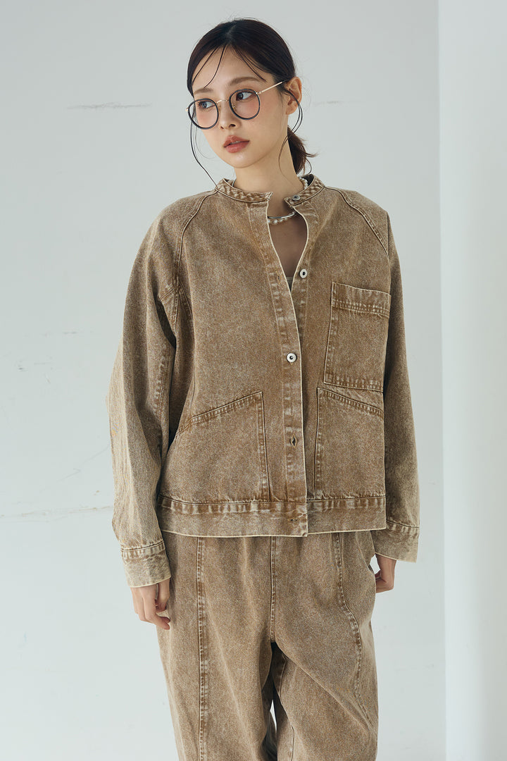 カラーデニムケミカル加工ノーカラーブルゾン
