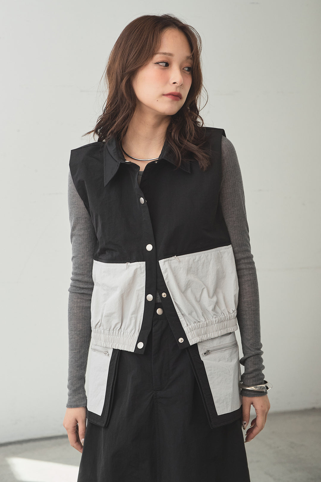 [SET]襟付きナイロンベスト+サイドデザインナイロンスカート(2set)