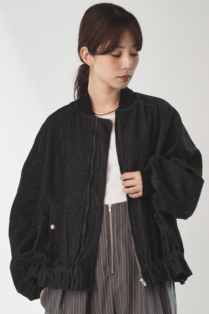 [SET]袖シャーリング裾フリルデニムブルゾン+デニムサイドフリルパンツ+ストレッチレースフーディサムホールプルオーバー(3set)