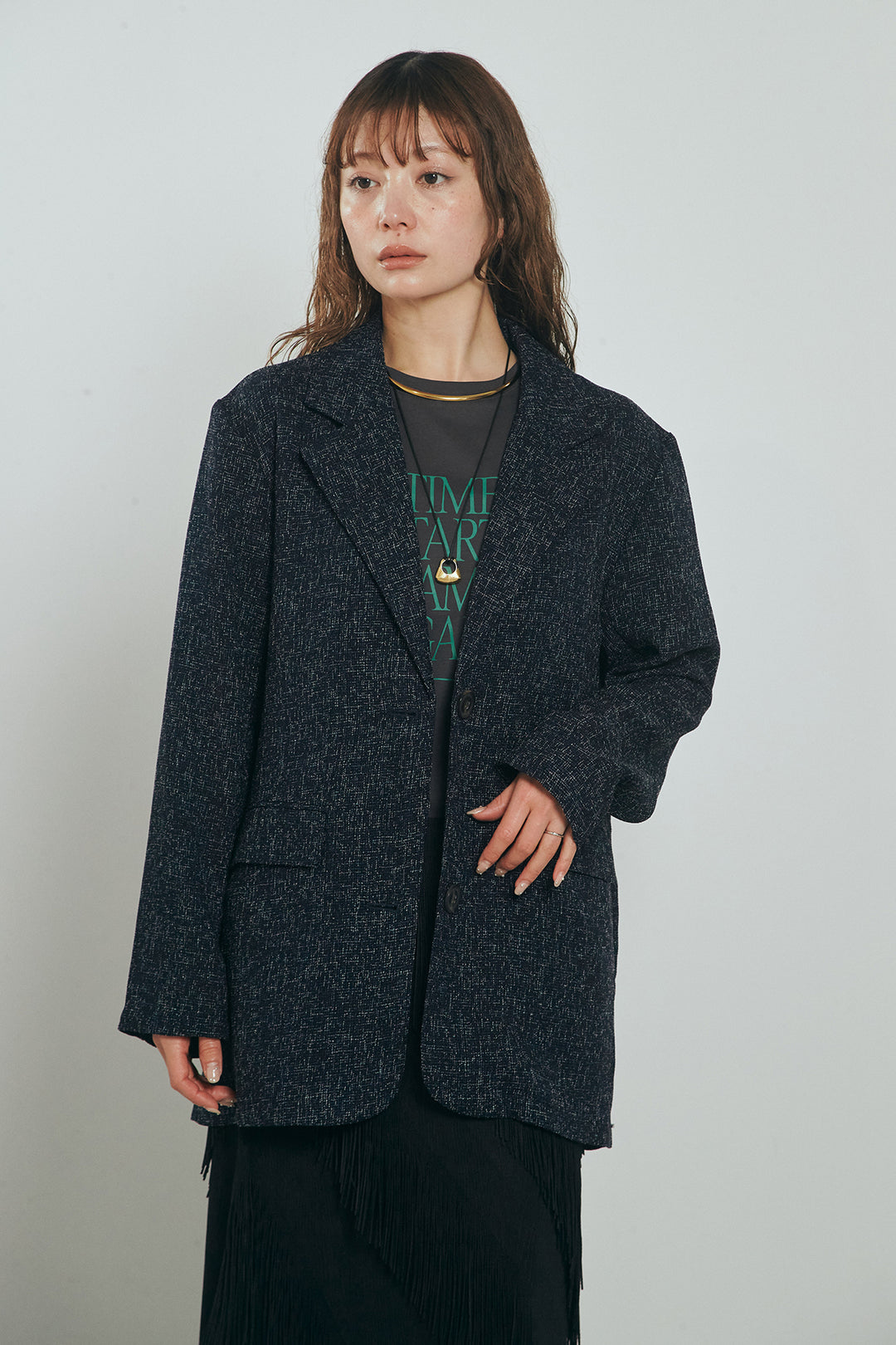 [SET]ミックスツイードベルト付きジャケット+斜めフリンジデザインスカート(2set)