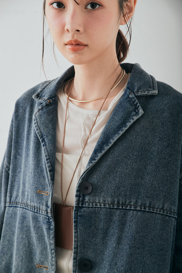 [SET]オーバーデニムジャケット+ウエストクロスデニムタイトスカート+シアーリブフーディプルオーバー(3set)