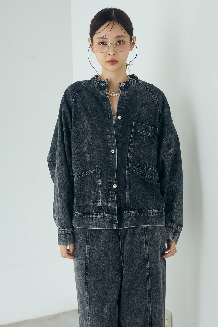 カラーデニムケミカル加工ノーカラーブルゾン