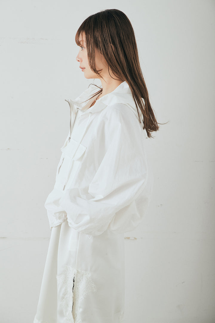 [SET]ナイロンボリュームWジップパーカーブルゾン+サテンレースアシメキャミ+細編みベルト付きパンツ+サテンレースアシメキャミ(3set)