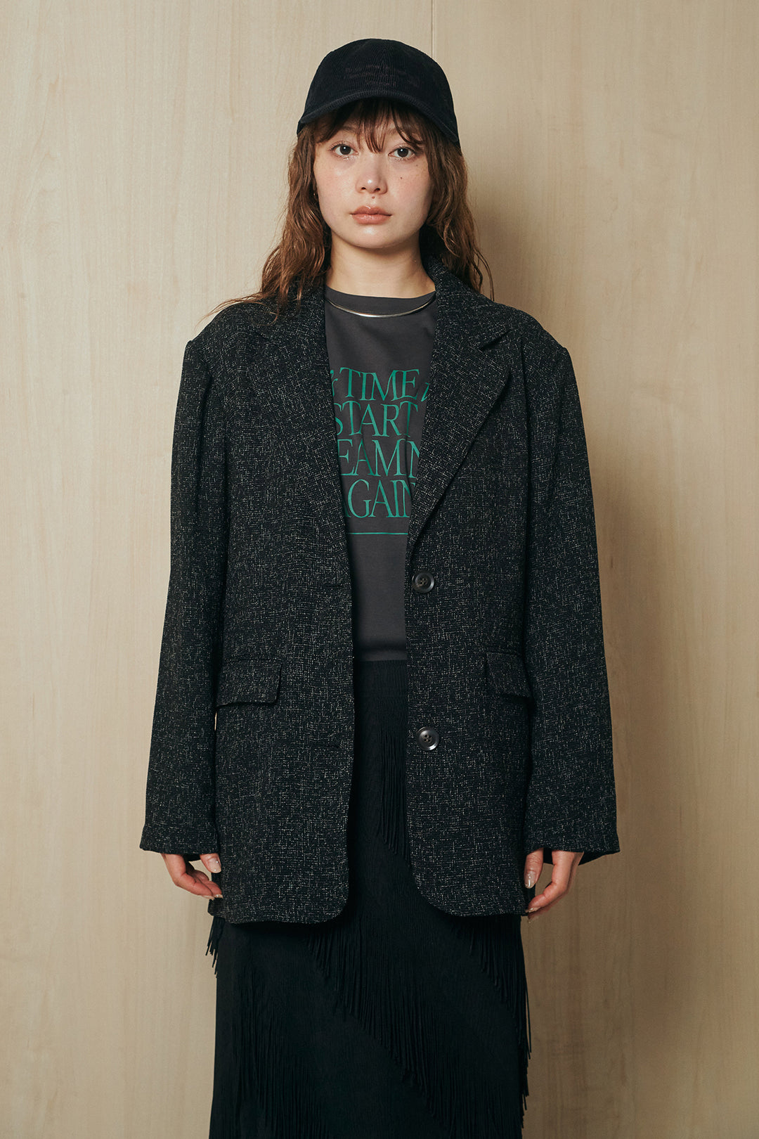 [SET]ミックスツイードベルト付きジャケット+斜めフリンジデザインスカート(2set)