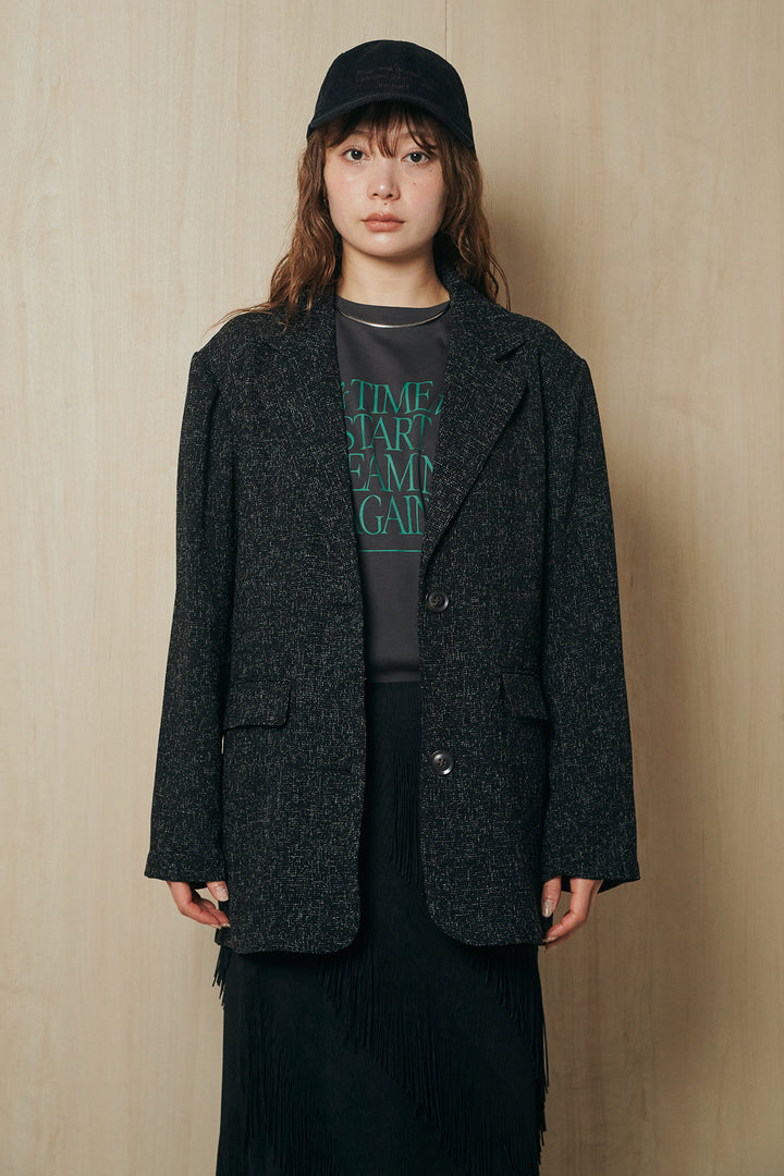 [SET]ミックスツイードベルト付きジャケット+斜めフリンジデザインスカート(2set)