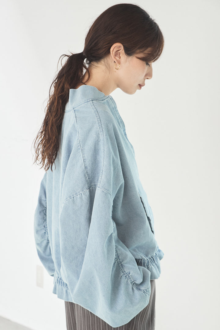 [SET]袖シャーリング裾フリルデニムブルゾン+デニムサイドフリルパンツ(2set)