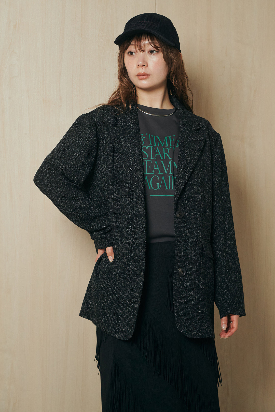 [SET]ミックスツイードベルト付きジャケット+斜めフリンジデザインスカート(2set)