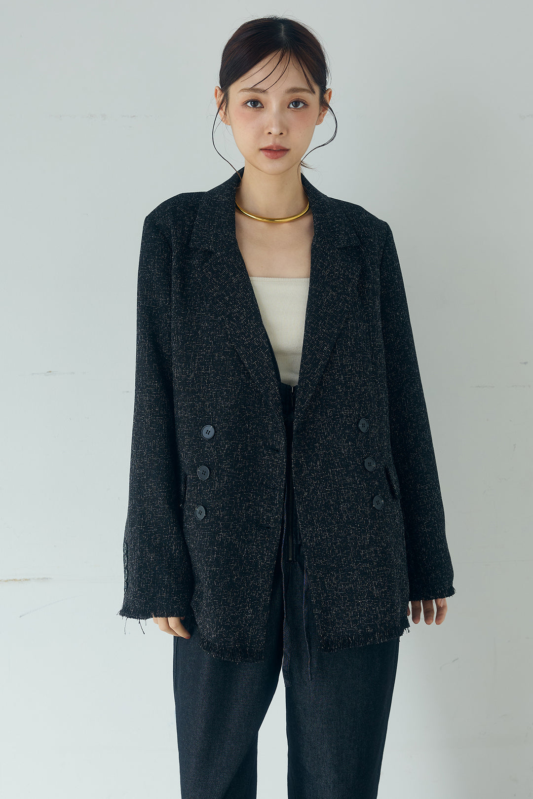 [SET]スラブネップツイードフリンジテーラードジャケット+デニムペプラムコンビネゾン(2set)