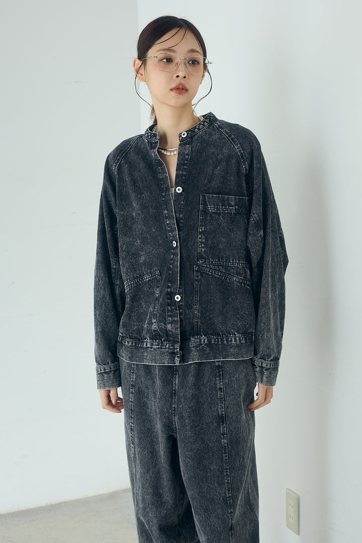 カラーデニムケミカル加工ノーカラーブルゾン