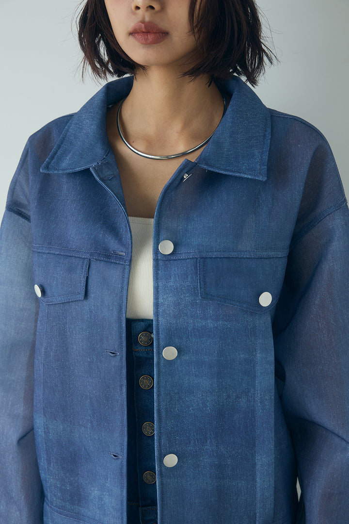 [SET]デニム風シアーダンボールジャケット+ウエストクロスデニムタイトスカート(2set)