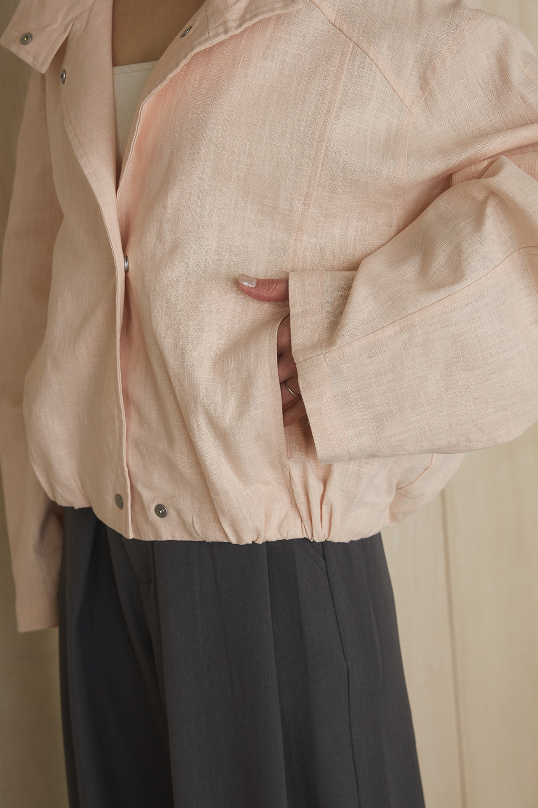 [SET]麻混スタンドネックブルゾン+ビックベルトループタックベルト付きワイドパンツ(2set)