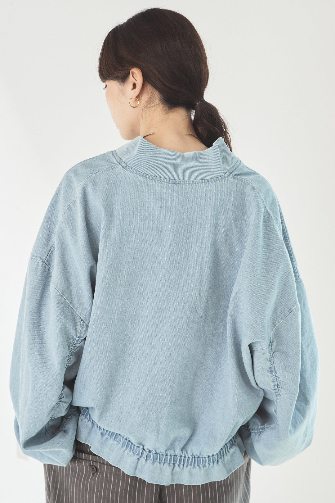 [SET]袖シャーリング裾フリルデニムブルゾン+レースサロペット(2set)