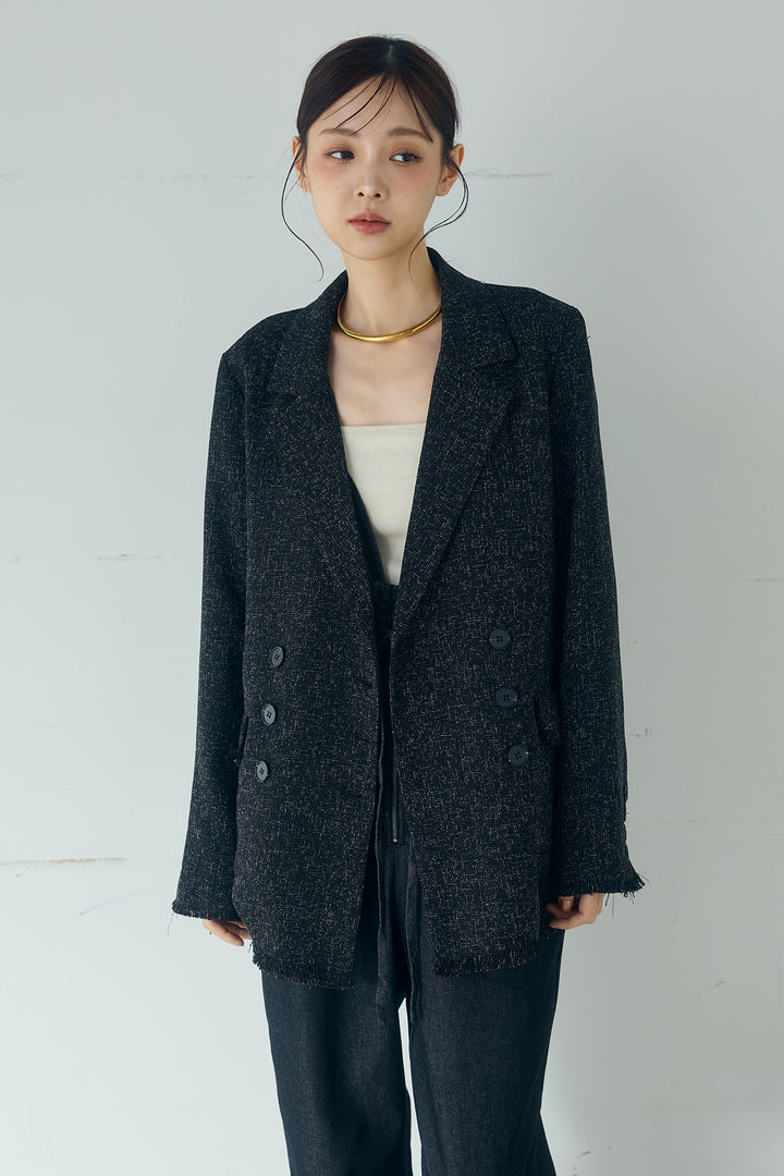 [SET]スラブネップツイードフリンジテーラードジャケット+サイドデザイン入りスウェットパンツ+裾レースキャミソール(3set)