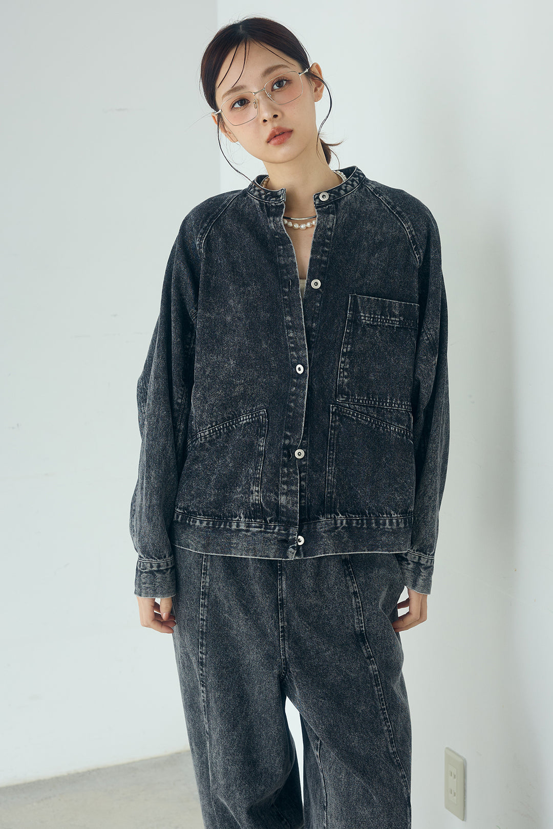 [SET]カラーデニムケミカル加工ノーカラーブルゾン+カラーデニムケミカル加工コクーンパンツ(2set)