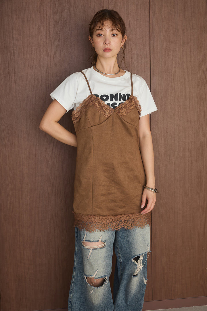 [SET]半袖ロゴプリントTシャツ+スエードレースキャミチュニック+ダメージバレルデニム(3set)