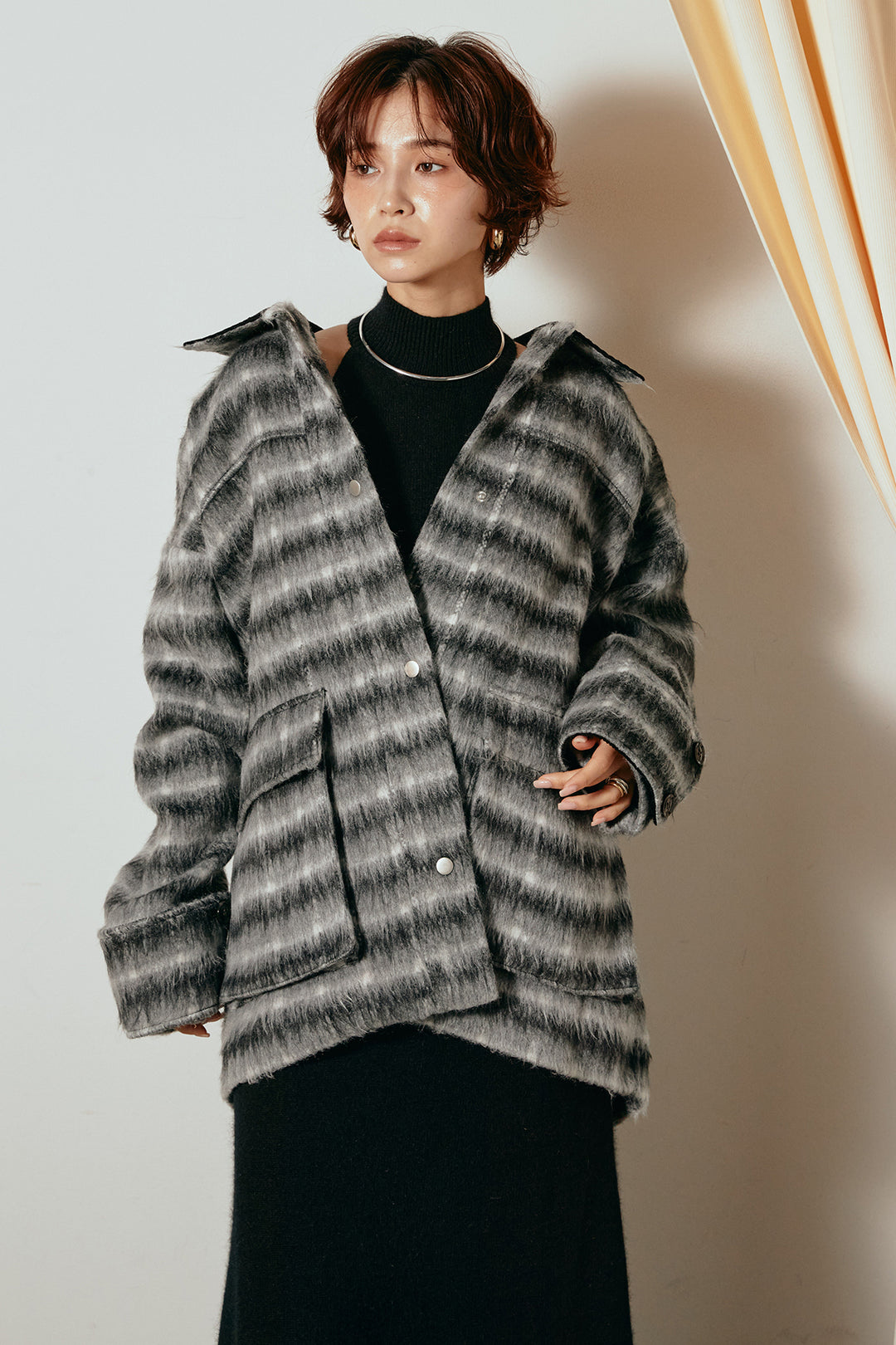 [SET]チェックシャギーミドルカバーオール+ノースリーブニットロングワンピース(2set)