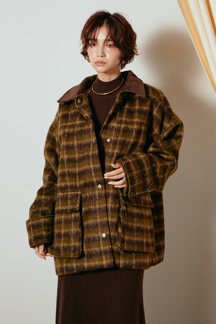 [SET]チェックシャギーミドルカバーオール+フェイクレザーベルト付きスウェードライクワイドパンツ(2set)