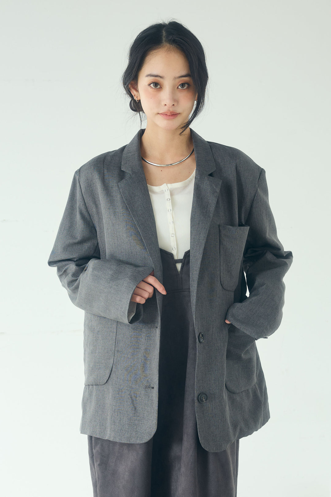 [SET]リネンライクテーラードジャケット+デニムフリルブラウス+裏毛スウェット2タックパンツ(3set)