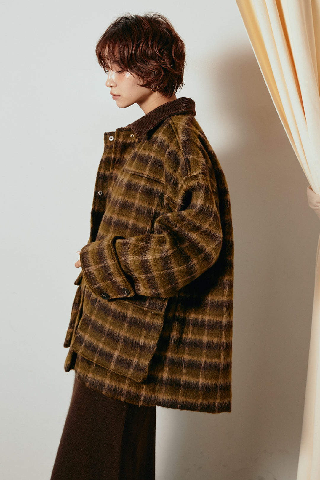 [SET]チェックシャギーミドルカバーオール+フェイクレザーベルト付きスウェードライクワイドパンツ(2set)