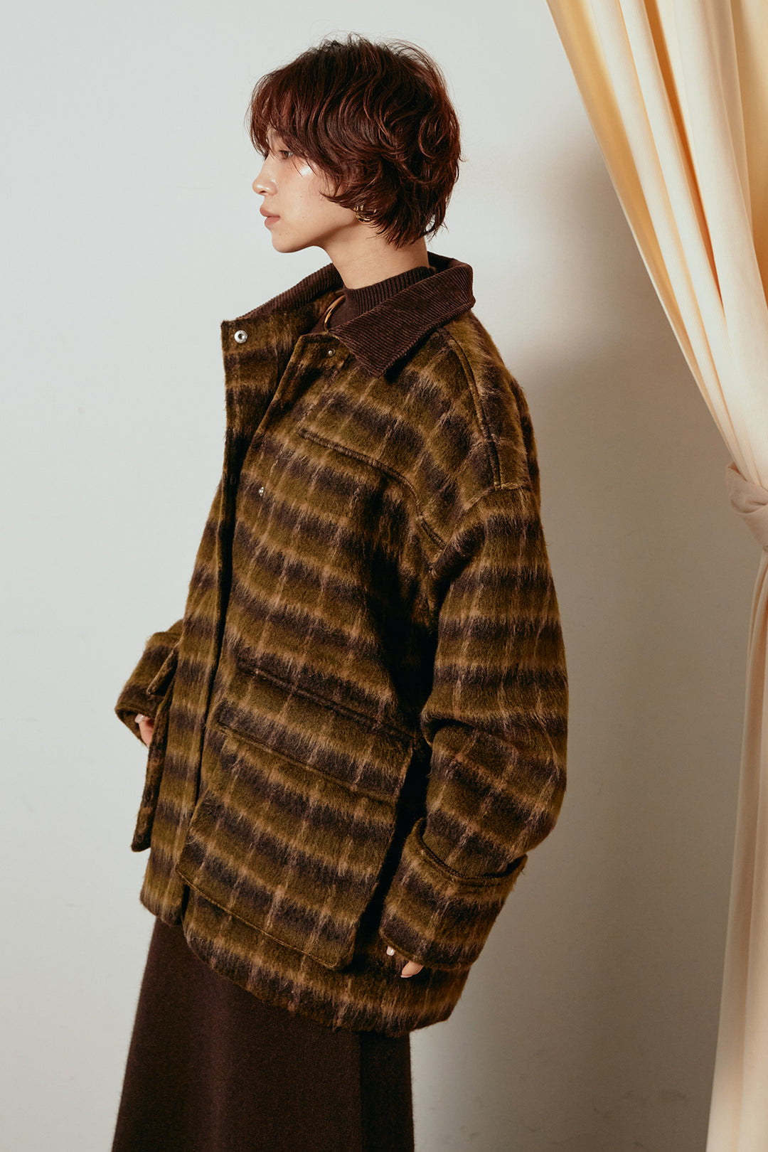 [SET]チェックシャギーミドルカバーオール+スウェードライクロングスカート(2set)