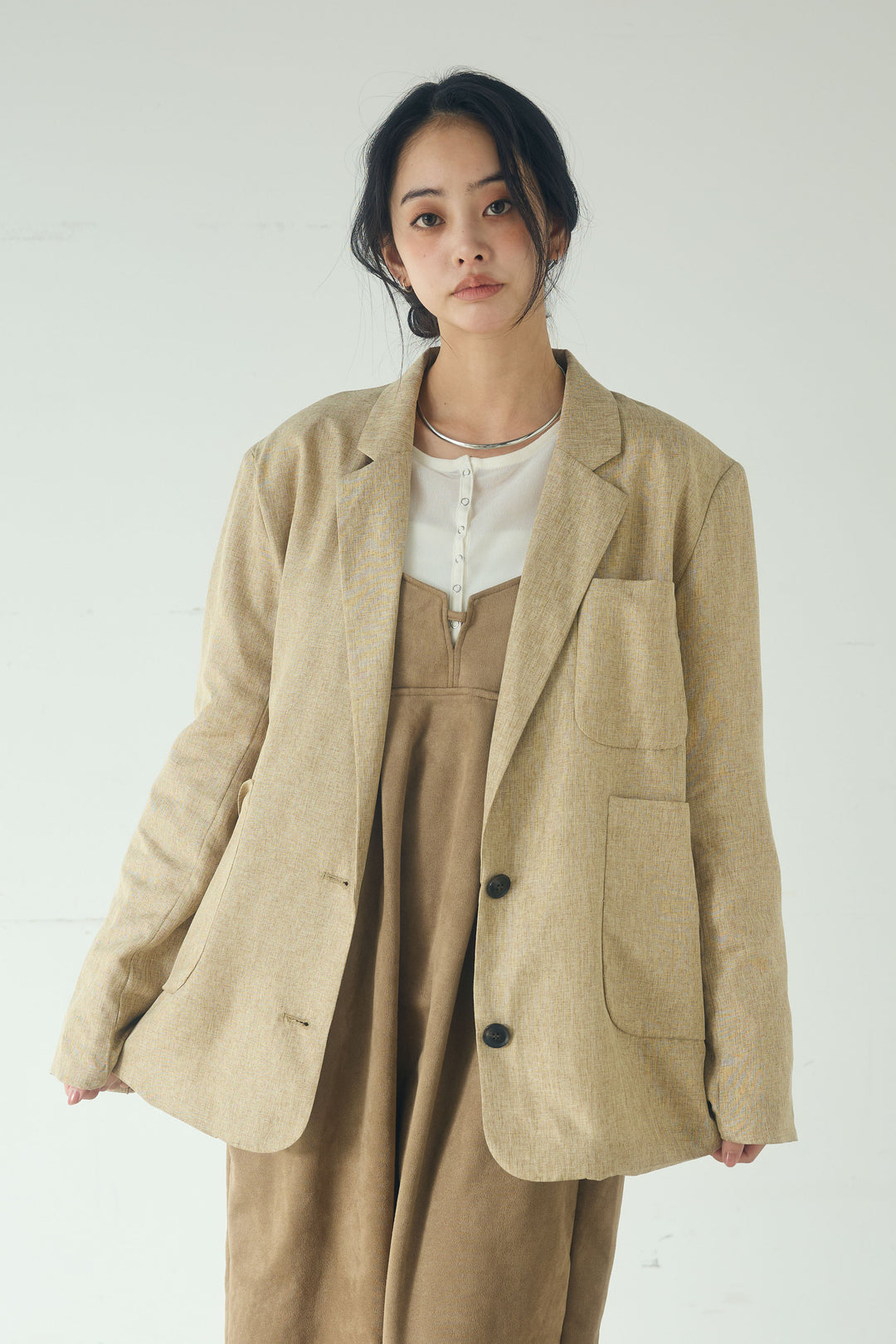 [SET]リネンライクテーラードジャケット+スエードポンチキャミワンピース(2set)