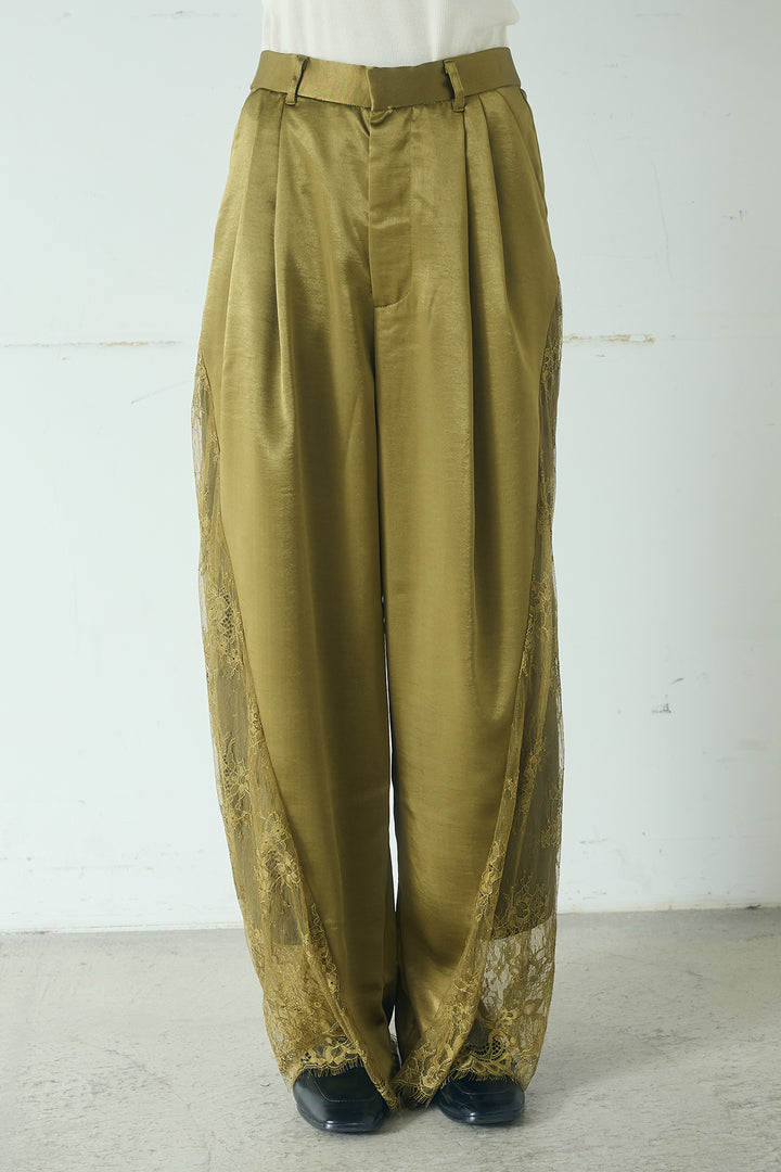 サテンレース切り替えタックパンツ