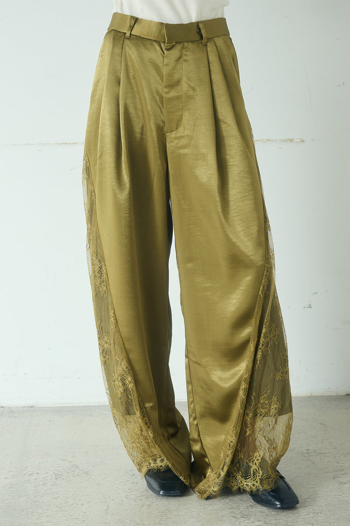 サテンレース切り替えタックパンツ