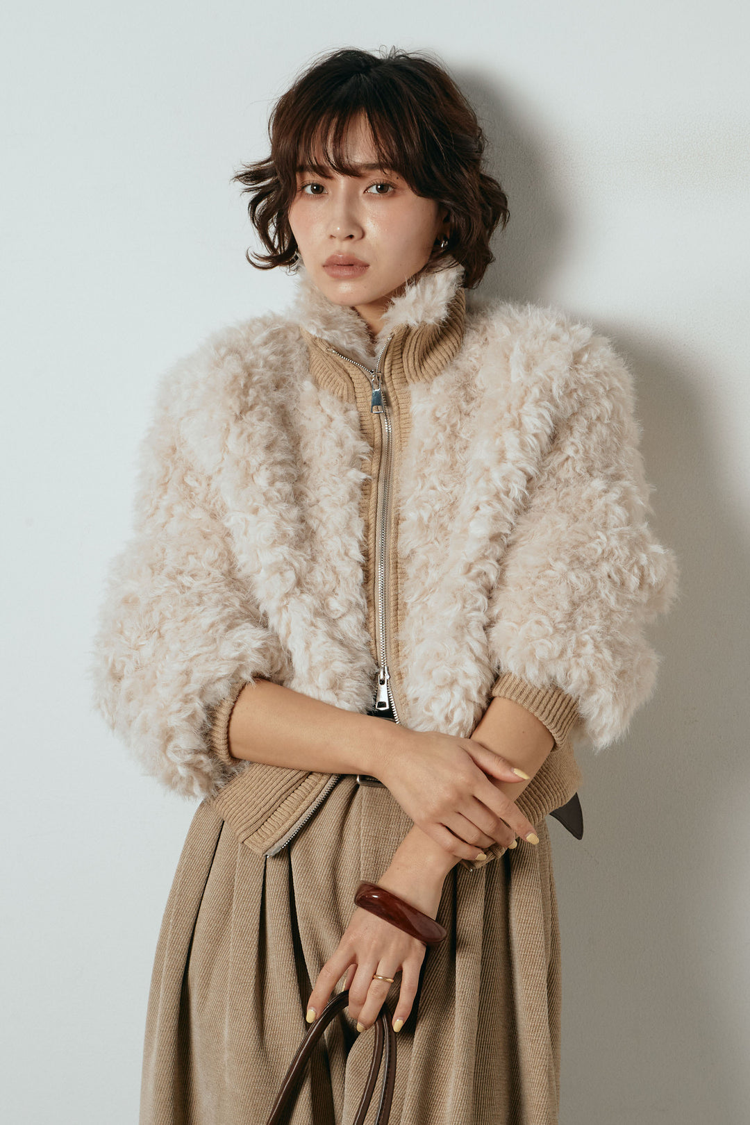 [SET]ハイネックショート丈ボアジップブルゾン+ベルトループコーデュロイワイドパンツ(2set)