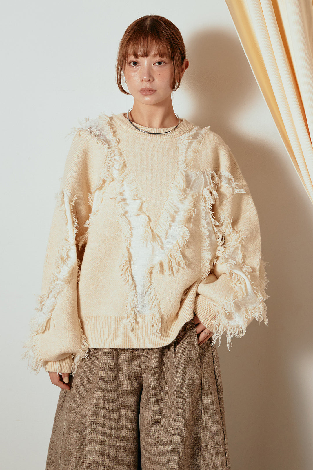 [SET]シャギージャガードニットトップス+ベルト付きネップツイードカーブパンツ(2set)