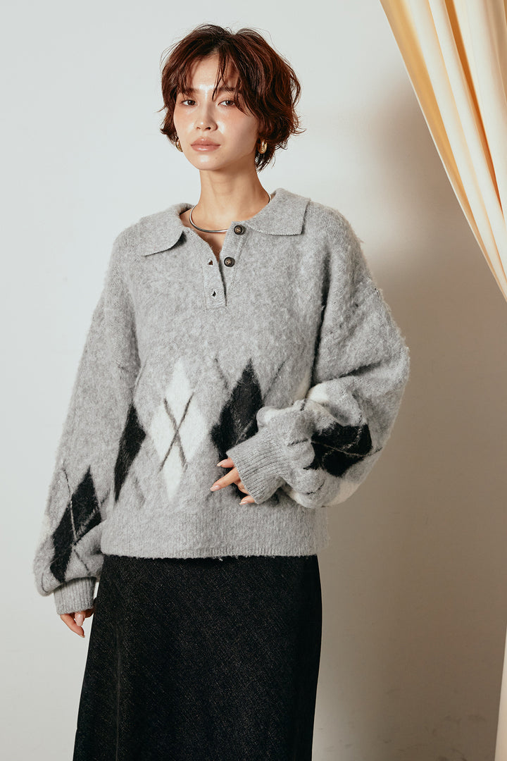 [SET]アーガイル柄ポロニットトップス+ストライプヘリンボーンパンツ(2set)