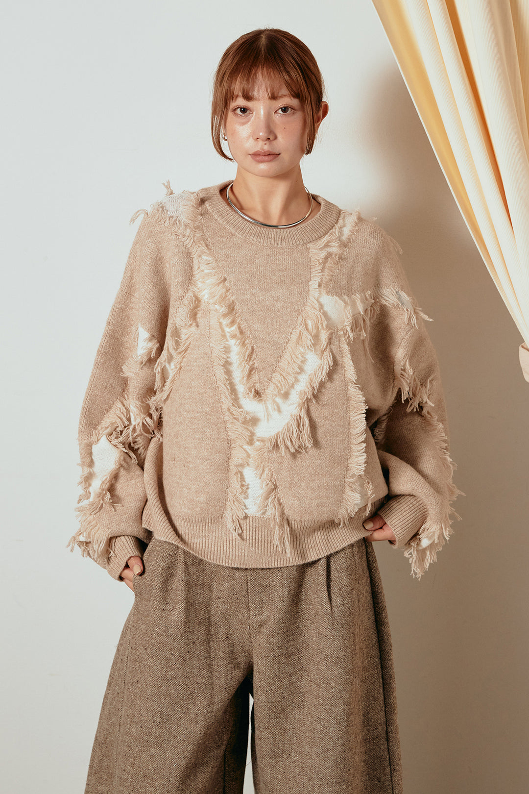 [SET]シャギージャガードニットトップス+ベルト付きネップツイードカーブパンツ(2set)