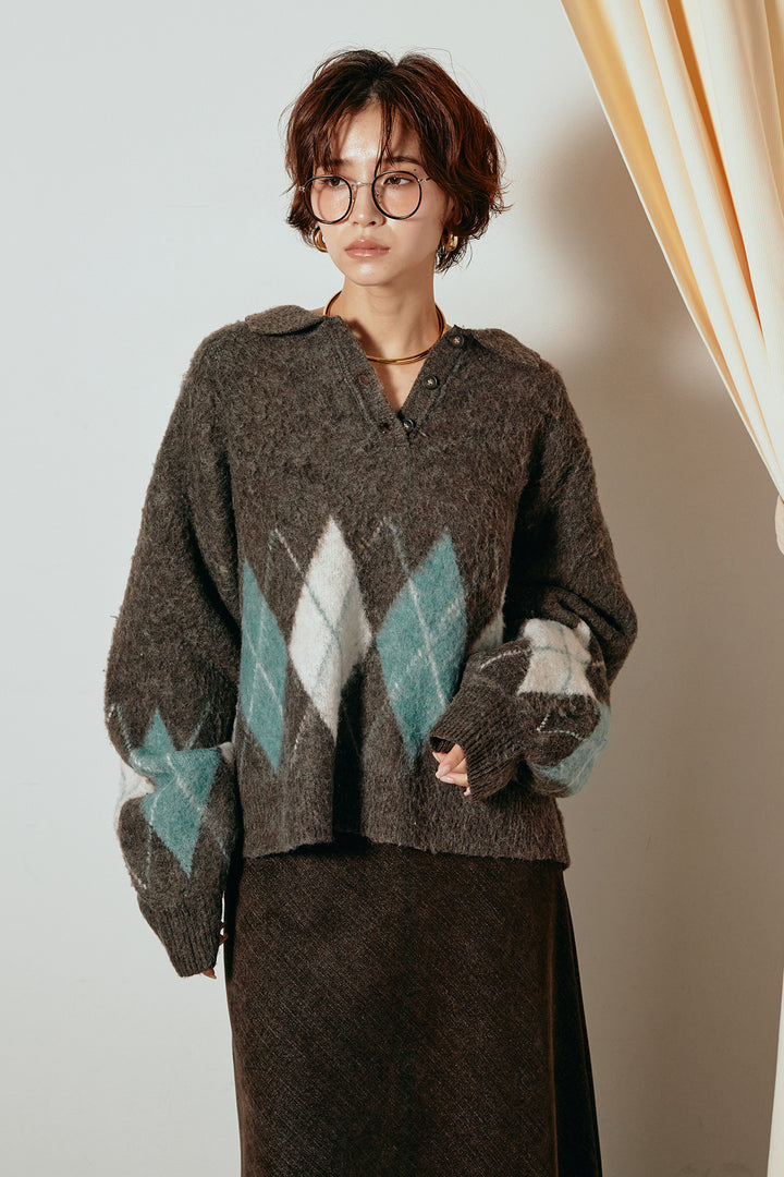 アーガイル柄ポロニットトップス