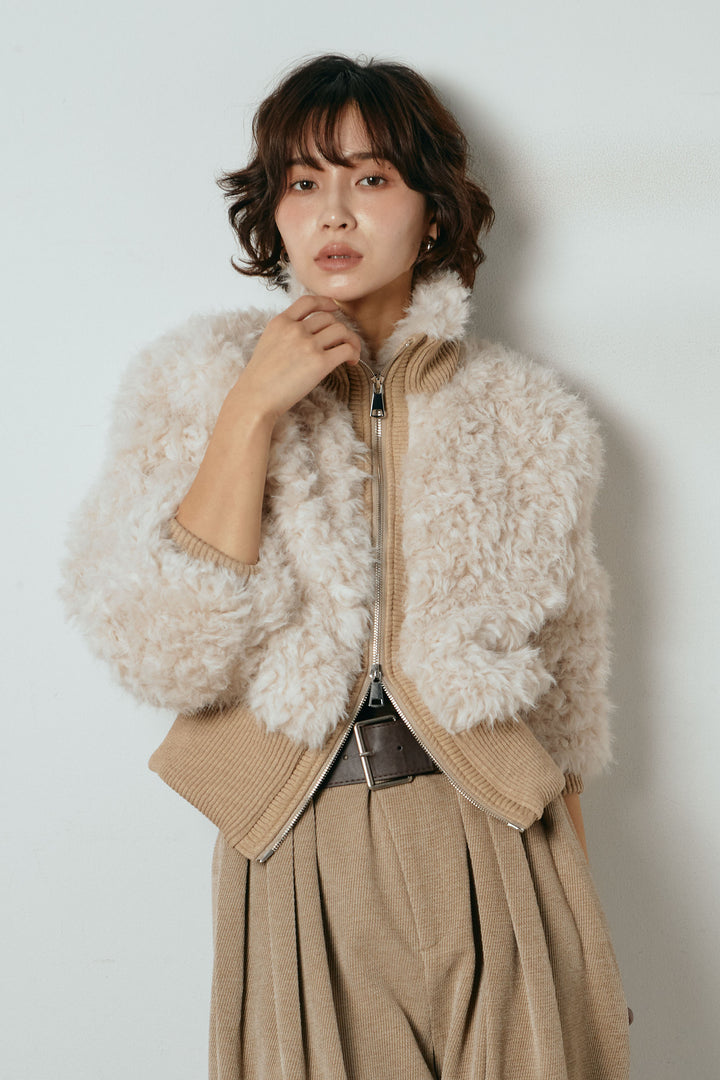 [SET]ハイネックショート丈ボアジップブルゾン+ベルトループコーデュロイワイドパンツ(2set)