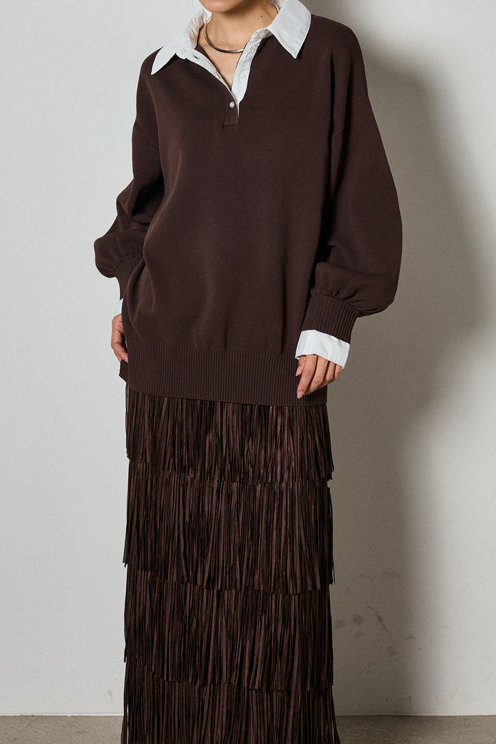 【即納】襟付きポロトップス/ブラウン