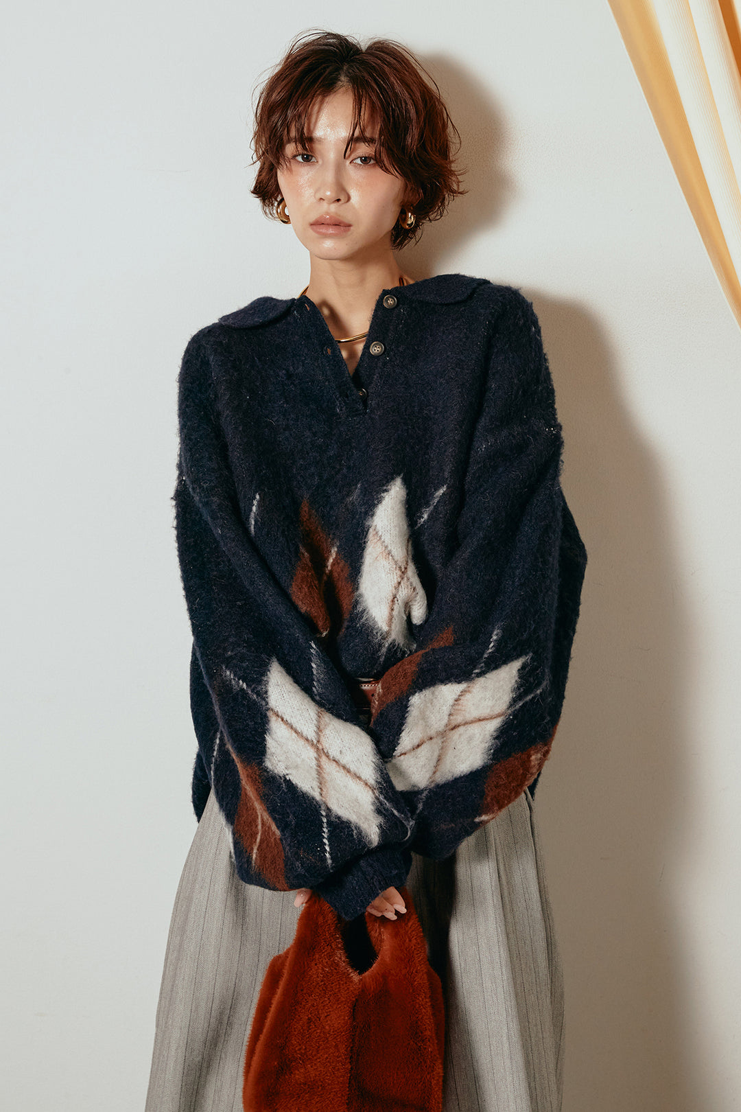 [SET]アーガイル柄ポロニットトップス+スウェードライクロングスカート(2set)