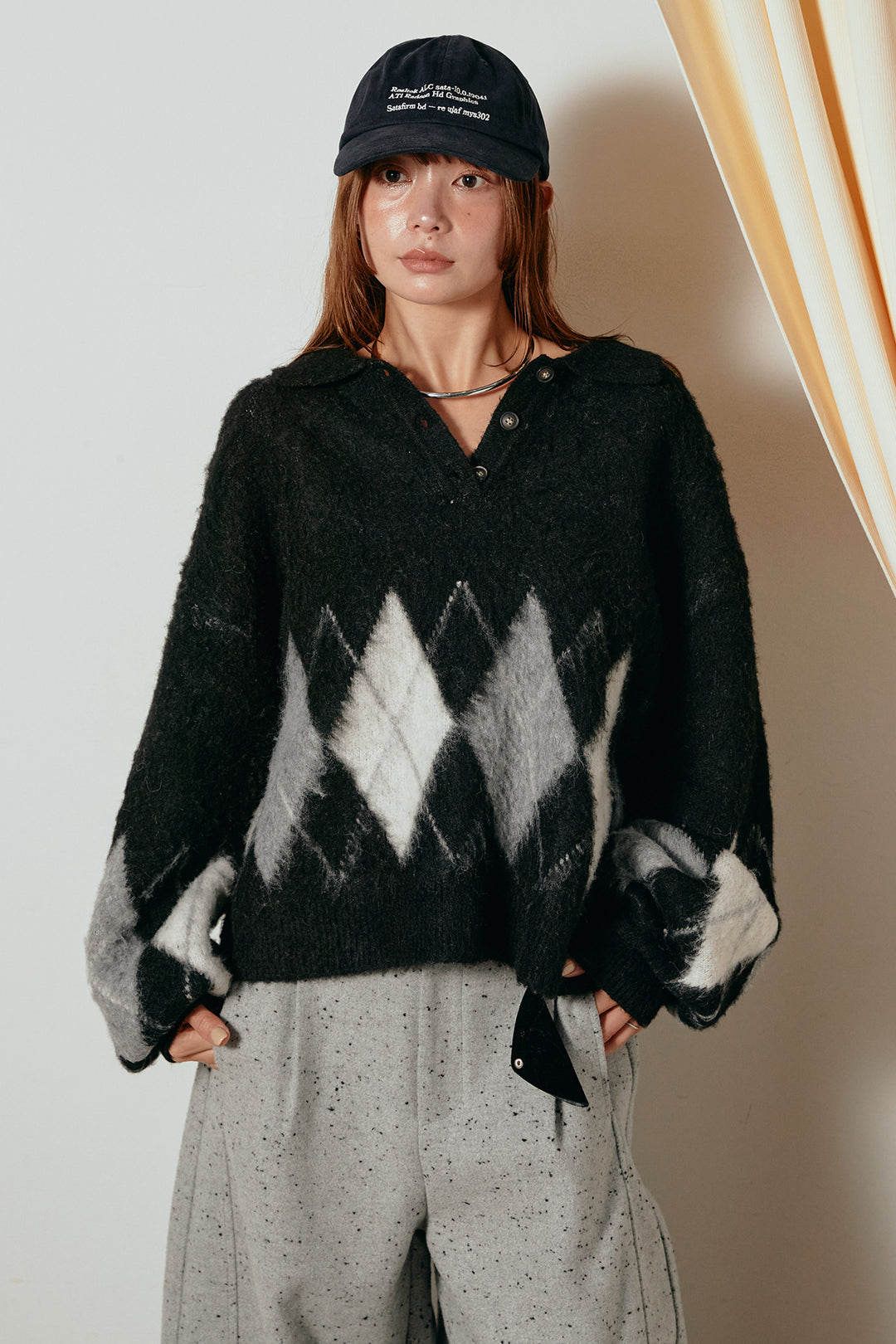 [SET]アーガイル柄ポロニットトップス+フロントタック入りコーデュロイパンツ(2set)