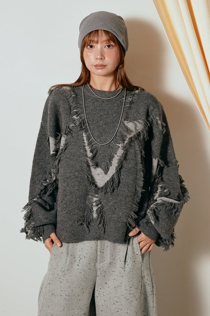 [SET]シャギージャガードニットトップス+ベルト付きネップツイードカーブパンツ(2set)