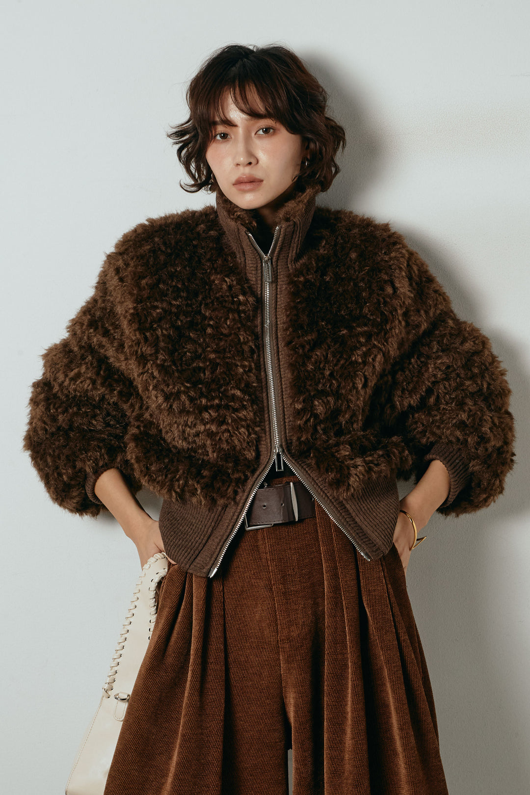 [SET]ハイネックショート丈ボアジップブルゾン+起毛タータンチェック柄ワイドパンツ(2set)