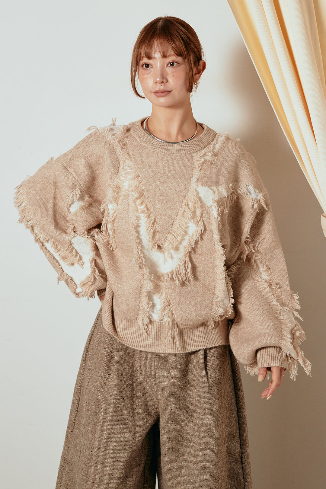 [SET]シャギージャガードニットトップス+太ベルト付きコーデュロイタックパンツ(2set)