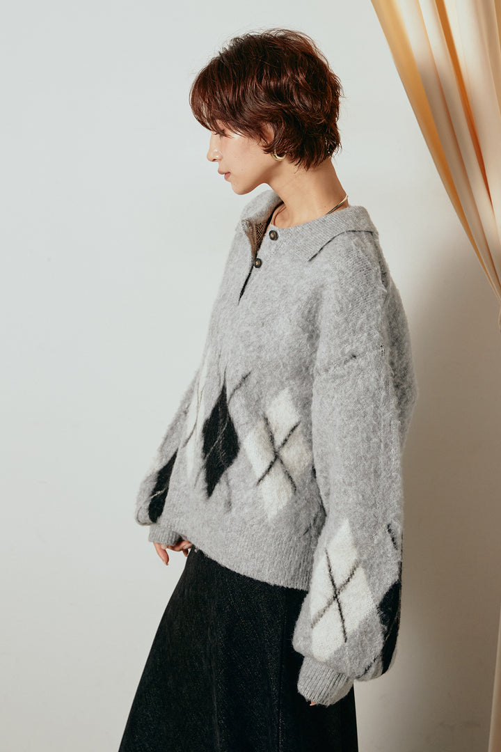 アーガイル柄ポロニットトップス