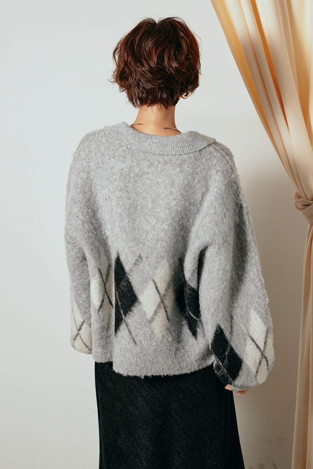 [SET]アーガイル柄ポロニットトップス+スウェードライクロングスカート(2set)