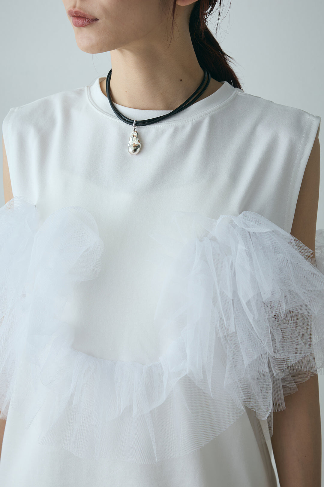 [SET]天竺チュールドッキングTシャツ+デザインタックパンツ(2set)