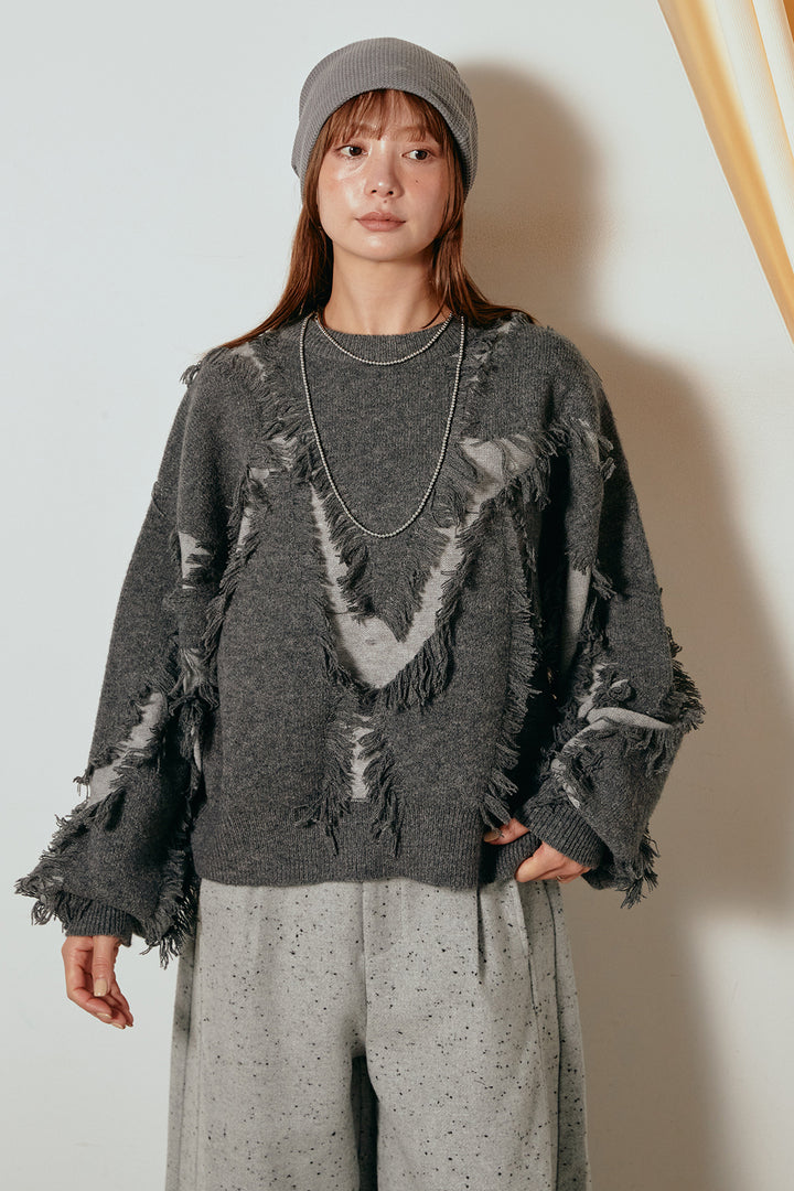 [SET]シャギージャガードニットトップス+ベルト付きネップツイードカーブパンツ(2set)