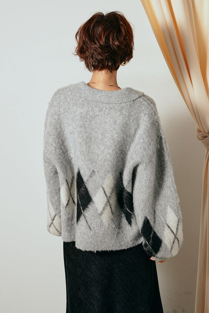 アーガイル柄ポロニットトップス