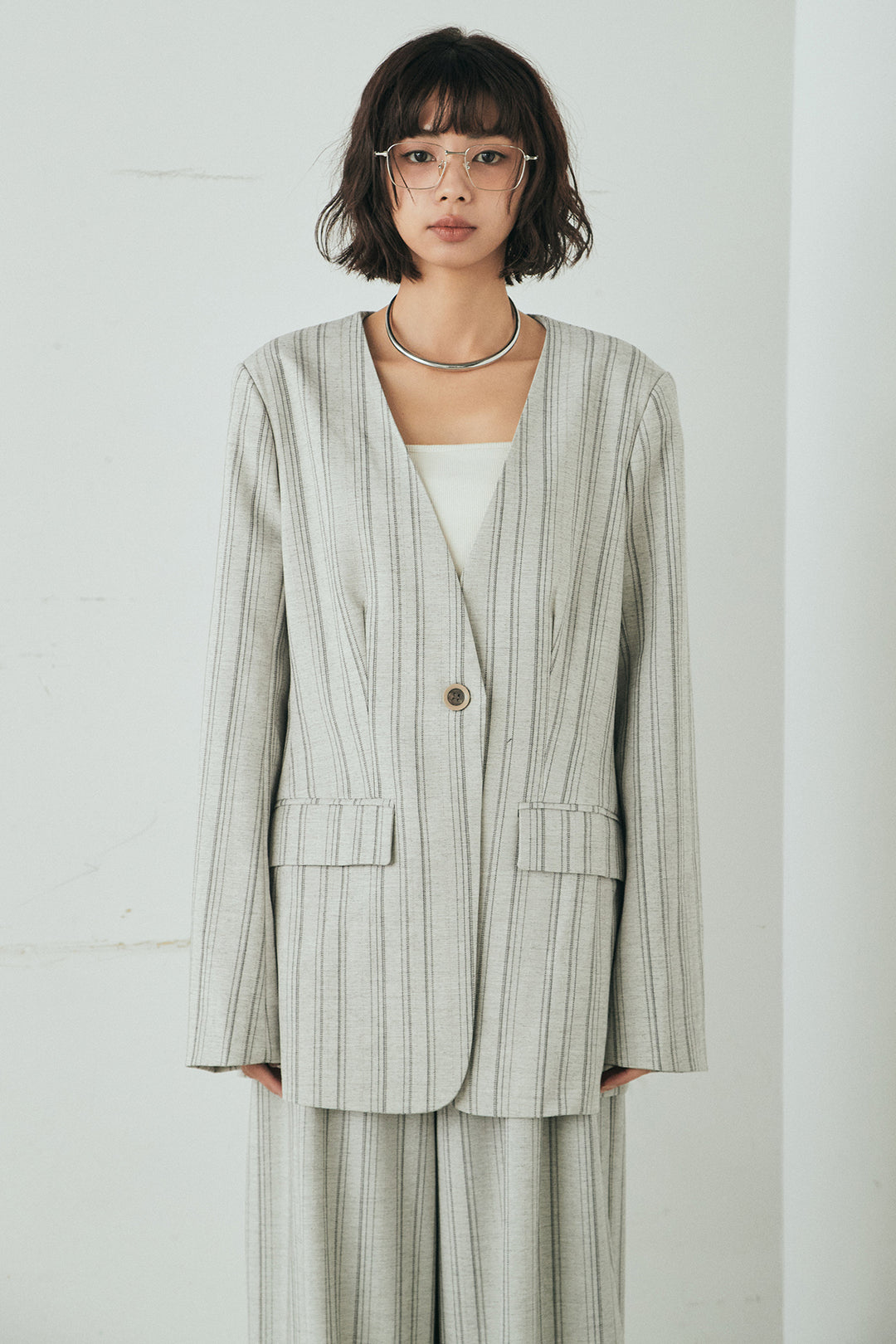 [SET]ノーカラーピンストライプジャケット+ピンストライプワイドスラックス(2set)