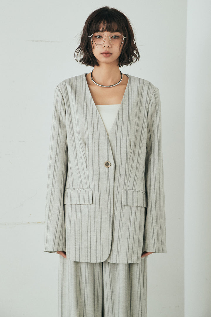 [SET]ノーカラーピンストライプジャケット+ピンストライプワイドスラックス(2set)
