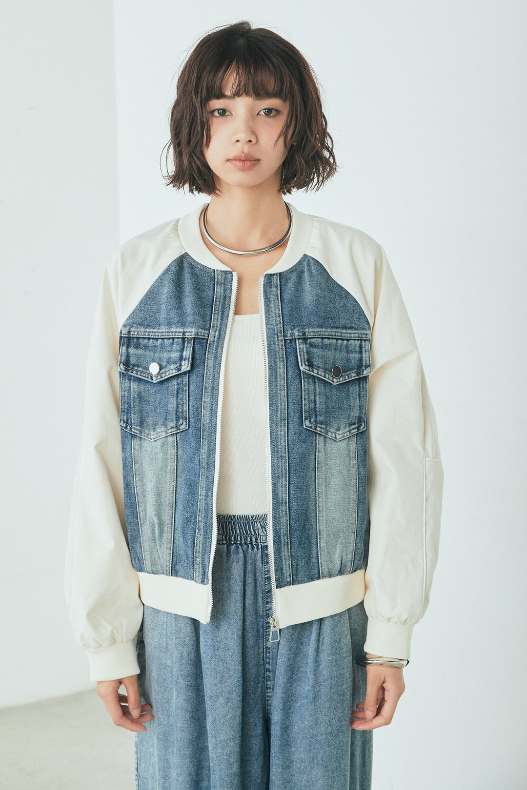 【着回しセット】[SET]テンセルデニムシャツ+テンセルデニムイージーワイドパンツ+ナイロンデニムドッキングブルゾン(3set)