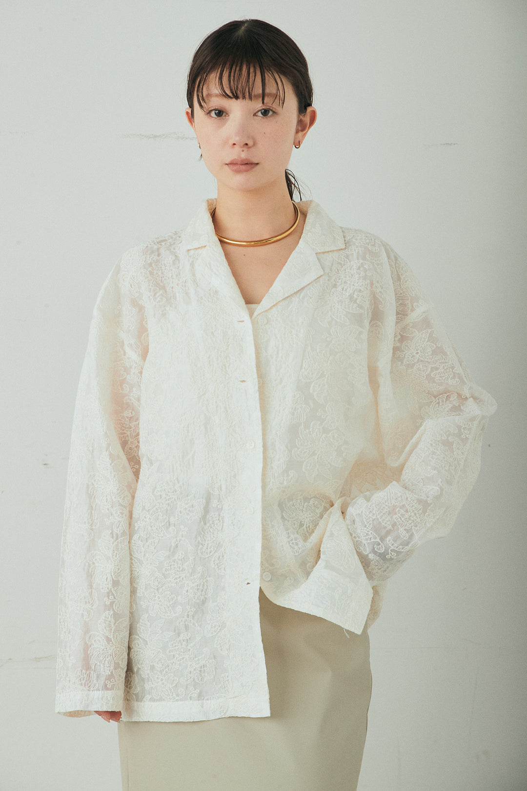 [SET]刺繍シアーオープンカラーシャツ+リネン混かすれ柄ワイドパンツ(2set)